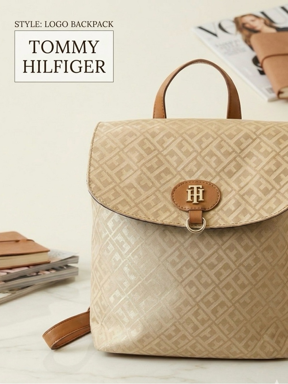 Tommy Hilfiger Signature ‎ Logo Backpack With Vegan Leather Trim | 12" X 10" - Picture 3 of 16